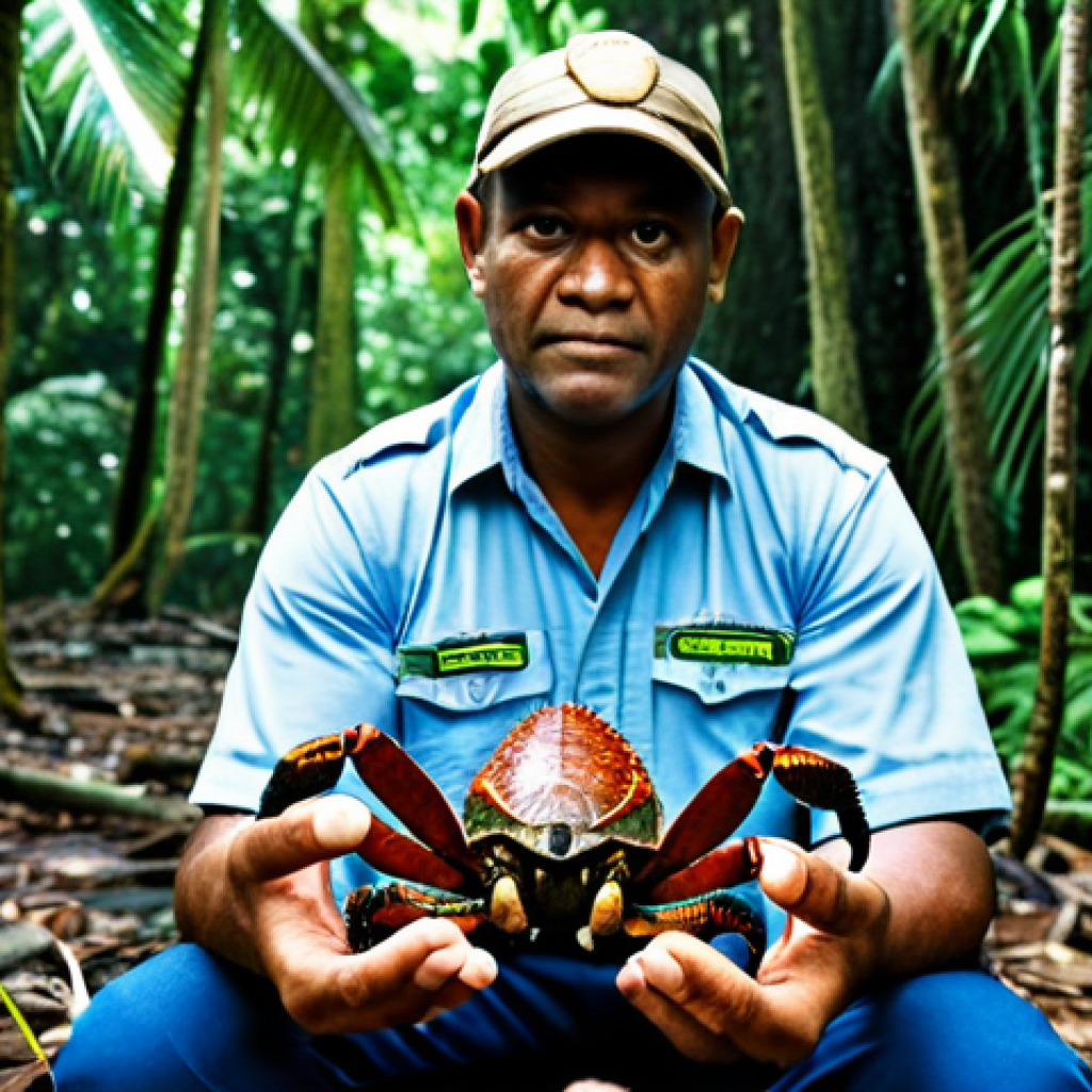 솔로몬 제도 코코넛 크랩 - **Prompt:** A fully clothed biologist observes a coconut crab in its natural habitat within a lush, ...
