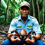 솔로몬 제도 코코넛 크랩 - **Prompt:** A fully clothed biologist observes a coconut crab in its natural habitat within a lush, ...