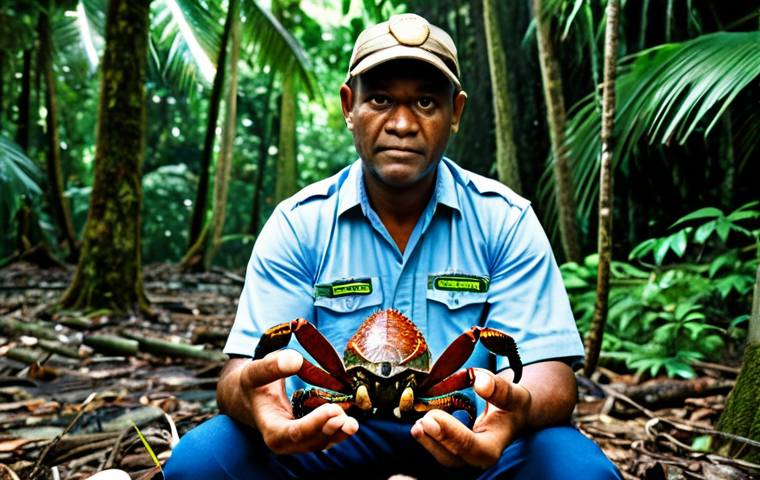 솔로몬 제도 코코넛 크랩 - **Prompt:** A fully clothed biologist observes a coconut crab in its natural habitat within a lush, ...