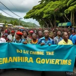 솔로몬 제도 반중 시위 - **Prompt 1: Solomon Islands Anti-Government Protest**
    "A vibrant, high-energy photo-realistic de...