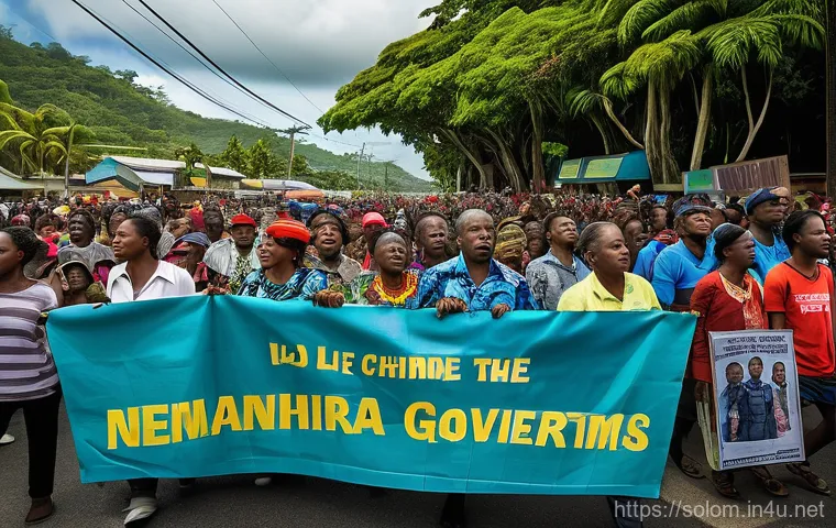 솔로몬 제도 반중 시위 - **Prompt 1: Solomon Islands Anti-Government Protest**
"A vibrant, high-energy photo-realistic de...
