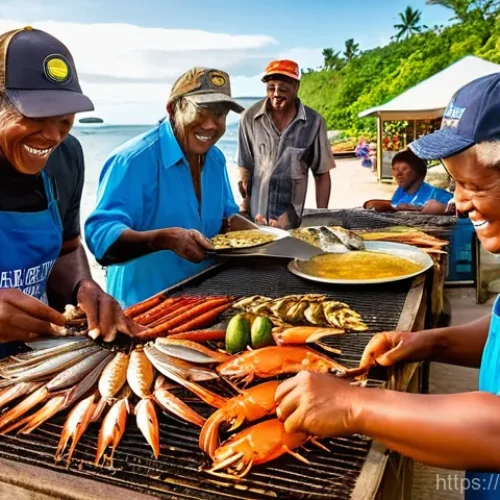 솔로몬 제도 로컬 음식 - **Solomon Seafood Market and Grill:** A lively, sun-drenched open-air market on the Solomon Islands,...