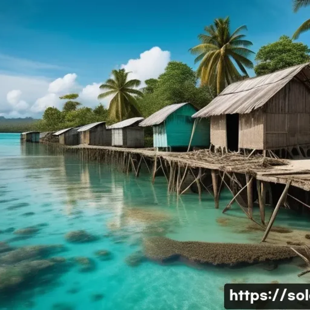 솔로몬 제도 환경 문제 - A powerful and realistic photograph depicting a coastal village in the Solomon Islands, partially su...