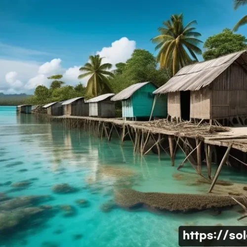 솔로몬 제도 환경 문제 - A powerful and realistic photograph depicting a coastal village in the Solomon Islands, partially su...