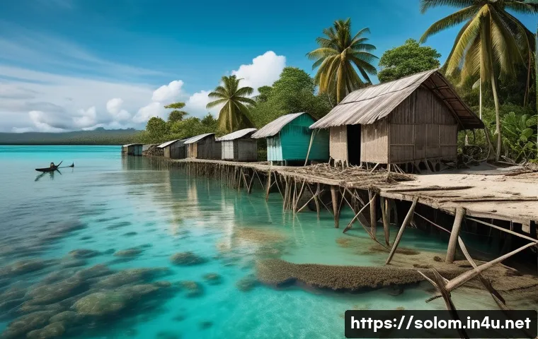 솔로몬 제도 환경 문제 - A powerful and realistic photograph depicting a coastal village in the Solomon Islands, partially su...